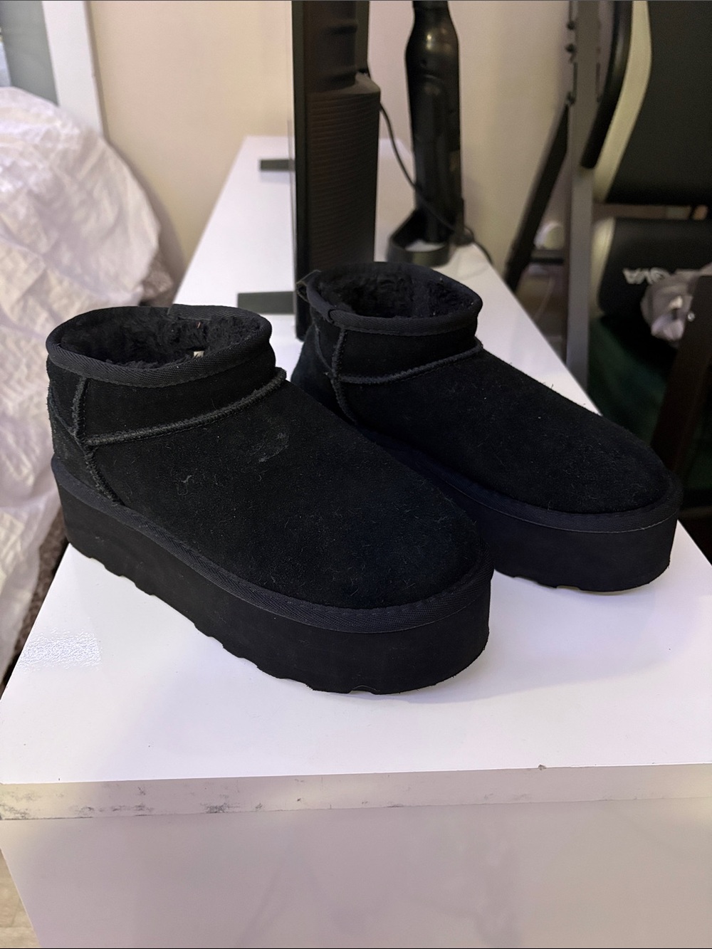 Platform Black Faux-Suede Ankle Booties with Plush Lining